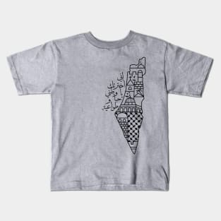 I Love Palestine My Homeland Arabic Calligraphy with Palestinian Map and Kufiya Pattern - blk Kids T-Shirt